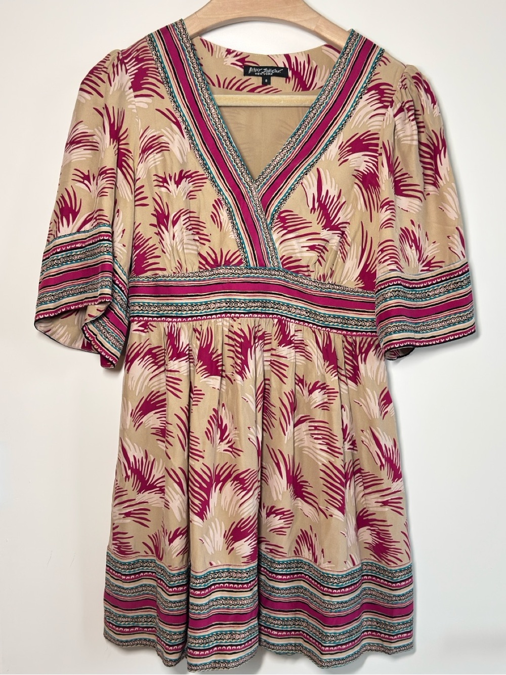 Betsey Johnson 100% Silk Palm Print Mini Dress Boho Resort Size 8